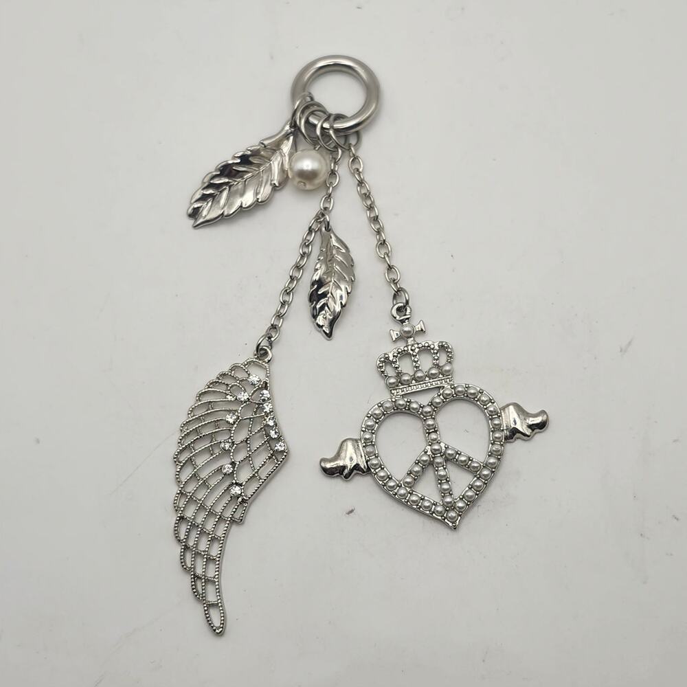 Silver Tone Angel Wing Peace Heart Leaf Faux Pearl Rhinestone Charm Pendant